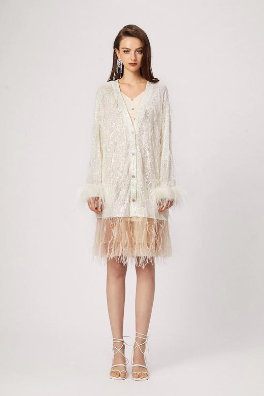 白色银河亮片鸵鸟毛宽松针织外搭 商品图2