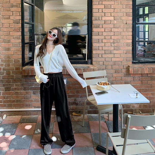 休闲裤女秋季宽松阔腿裤松紧高腰直筒束脚长裤 商品图1