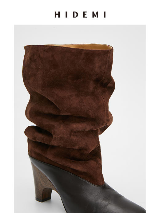 HIDEMI 羊麂皮拼接异形跟设计感堆堆靴长靴 商品图8