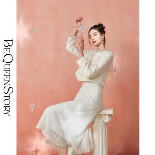 BeQueenStory【雪落梨花】澳毛法式蕾丝水晶珠水貂毛盘扣单面呢外套 商品图3