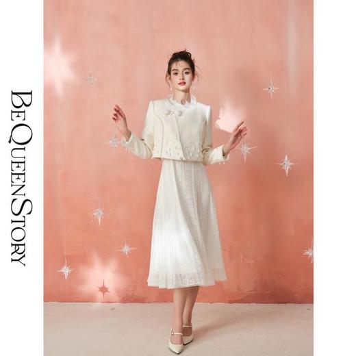 BeQueenStory【雪落梨花】澳毛法式蕾丝水晶珠水貂毛盘扣单面呢外套 商品图4