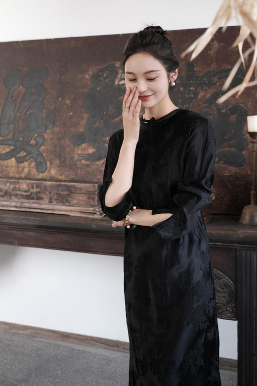 盛唐牡丹 |梅兰竹菊真丝冠乐皱斜襟旗袍裙 商品图7