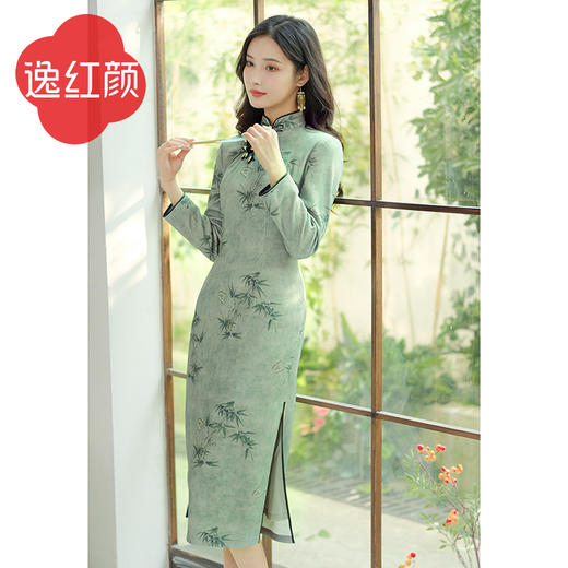 逸红颜竹颜2025秋季新款针织旗袍改良版连衣裙女手工竹叶盘扣 商品图0