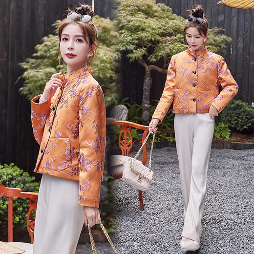 秋冬款新，中式提花料缎面小立领羽绒外套HR-SYY2378 商品图2