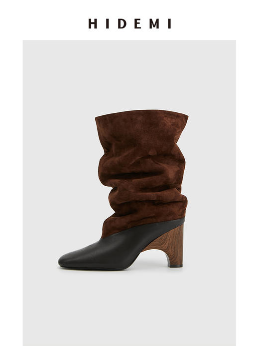 HIDEMI 羊麂皮拼接异形跟设计感堆堆靴长靴 商品图7