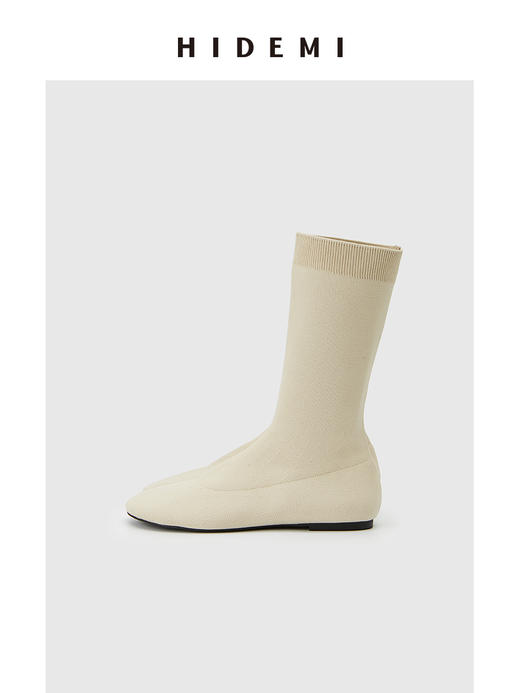 HIDEMI 高密弹力针织圆头短靴 黑色/米色 商品图10