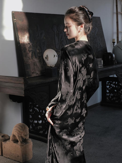 盛唐牡丹 |梅兰竹菊真丝冠乐皱斜襟旗袍裙 商品图1