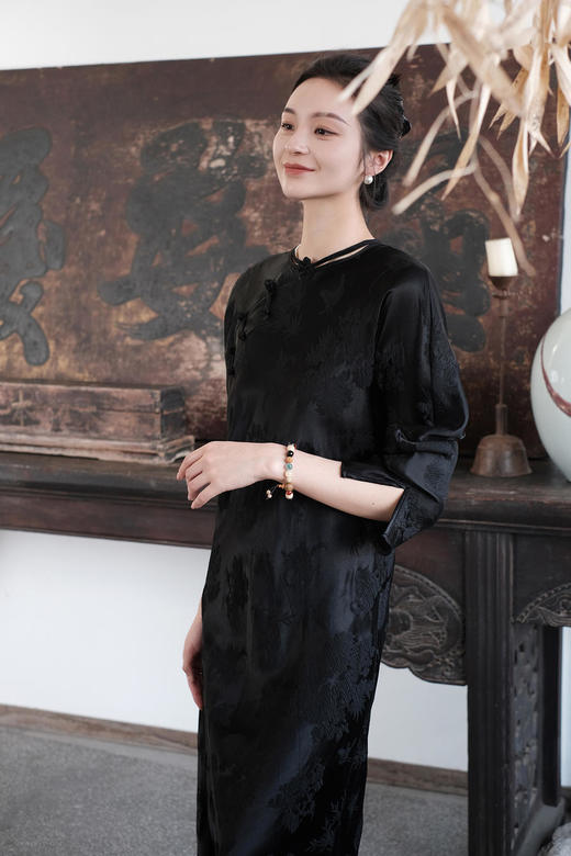 盛唐牡丹 |梅兰竹菊真丝冠乐皱斜襟旗袍裙 商品图5