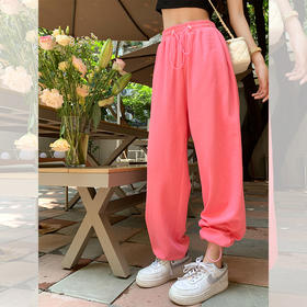 休闲裤女秋季宽松阔腿裤松紧高腰直筒束脚长裤