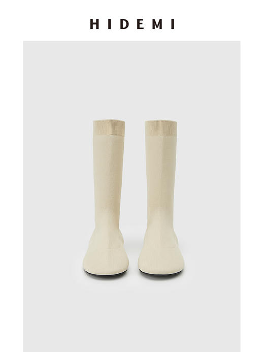 HIDEMI 高密弹力针织圆头短靴 黑色/米色 商品图11