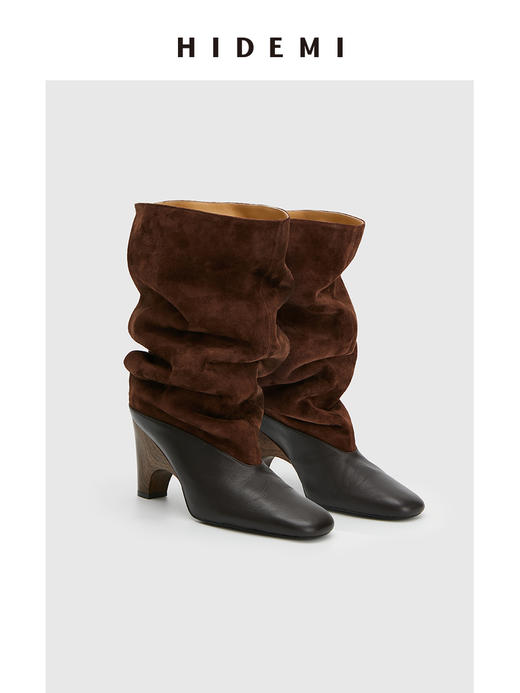 HIDEMI 羊麂皮拼接异形跟设计感堆堆靴长靴 商品图2