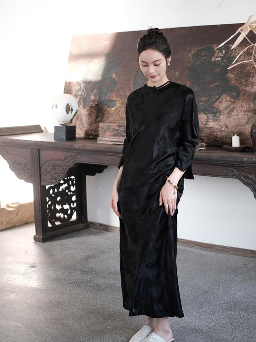 盛唐牡丹 |梅兰竹菊真丝冠乐皱斜襟旗袍裙 商品图3