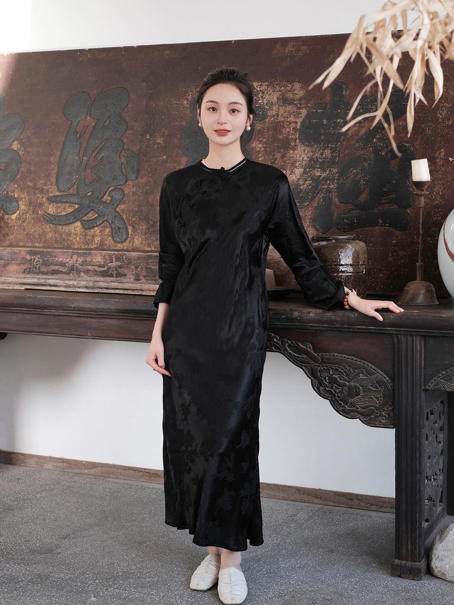 盛唐牡丹 |梅兰竹菊真丝冠乐皱斜襟旗袍裙