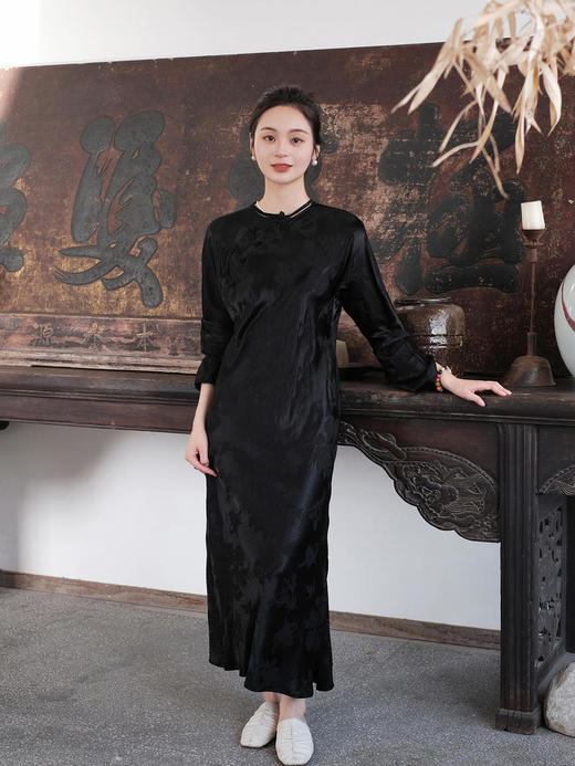 盛唐牡丹 |梅兰竹菊真丝冠乐皱斜襟旗袍裙 商品图0