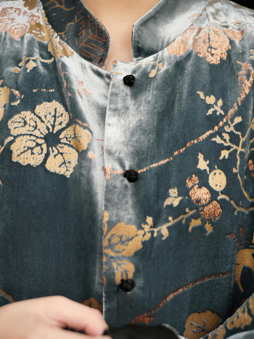 限量款| 盛唐牡丹 |蓝灰色丝绒烫金双面穿外套 (不夹棉) 商品图0