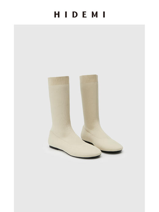 HIDEMI 高密弹力针织圆头短靴 黑色/米色 商品图3