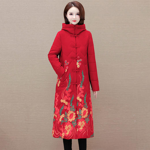 时尚保暖，冬款长款印花中年妈妈装棉服长袖连帽大码修身棉衣QYM-OMS-SDB377-L 商品图1