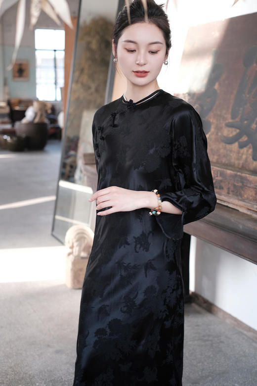 盛唐牡丹 |梅兰竹菊真丝冠乐皱斜襟旗袍裙 商品图2