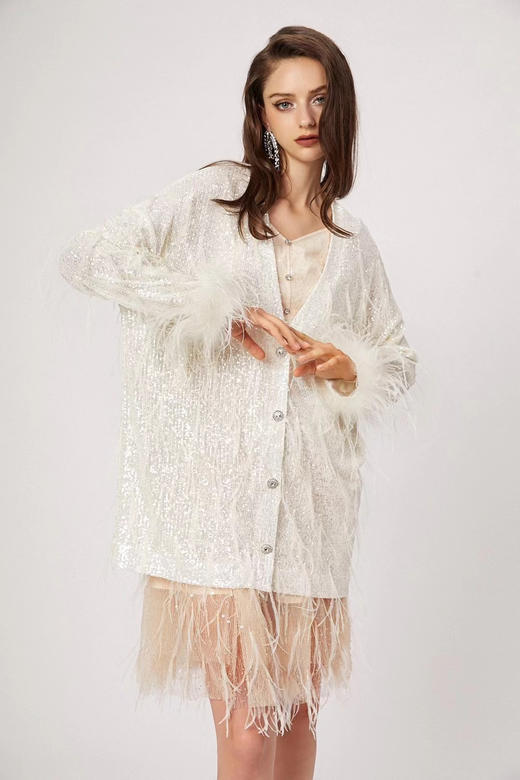 白色银河亮片鸵鸟毛宽松针织外搭 商品图0