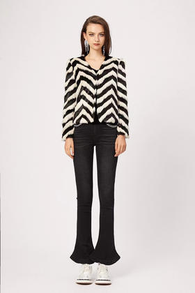 黑白拼接条纹环保皮草外套