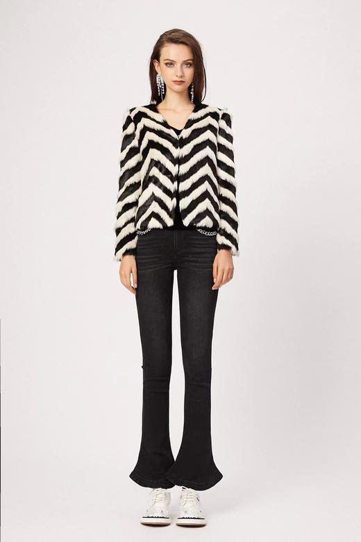 黑白拼接条纹环保皮草外套 商品图0