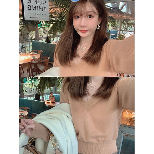 奶白 茶橘 金蘑菇菇 我爱纱纱毛衣/ 内搭top 蕾丝拼接v领设计感精致温柔毛衣 商品图1