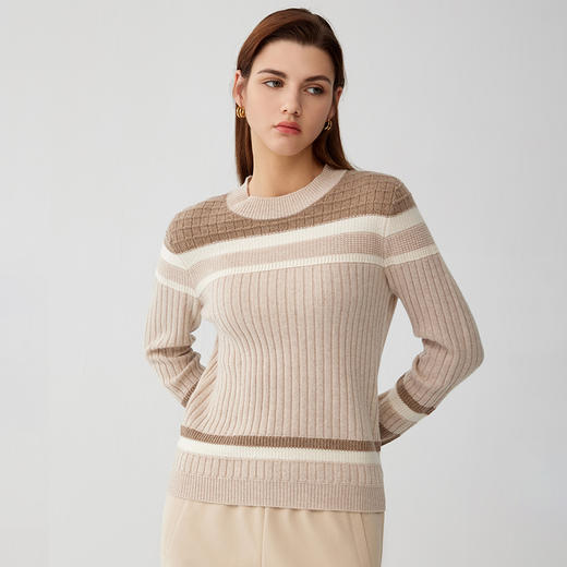 【条纹撞色羊绒套衫】羊绒世家秋冬新品女士100%山羊绒抽条弹力修身内搭保暖毛衣 商品图2