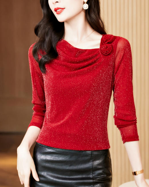 简约百搭大码T恤立体花朵亮丝网纱打底衫K-E37M2739 商品图2