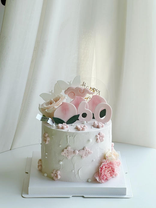 粉色鲜花60大寿（鲜花随机）奶油蛋糕 商品图0