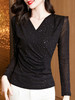 "丁摩 交叉V领网纱打底衫女秋装内搭T恤闪光丝上衣洋气小衫3ZF- MZ10228" 商品缩略图1
