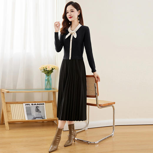 HR-WM21719冬上新气质时尚蝴蝶结领口拼接撞色假两件修身显瘦连衣裙 商品图3