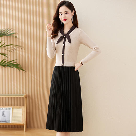 HR-WM21719冬上新气质时尚蝴蝶结领口拼接撞色假两件修身显瘦连衣裙 商品图1