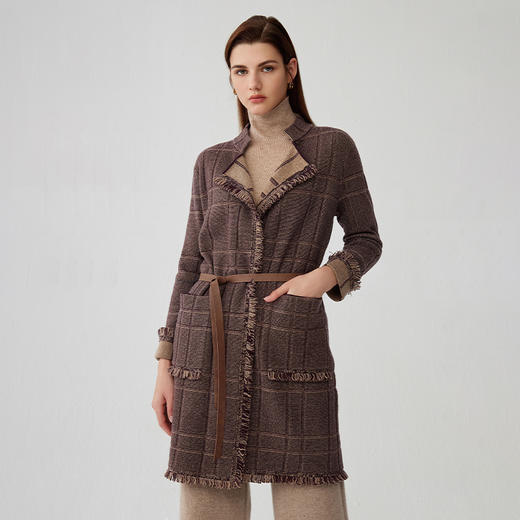 【中长款毛边针织外套】羊绒世家秋冬新品女士100%山羊绒针织衫腰带收腰显瘦外套 商品图0