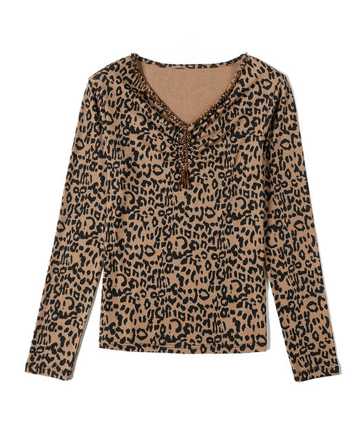 百搭大码V领豹纹钉珠长袖打底衫t恤K-E37M2738 商品图3