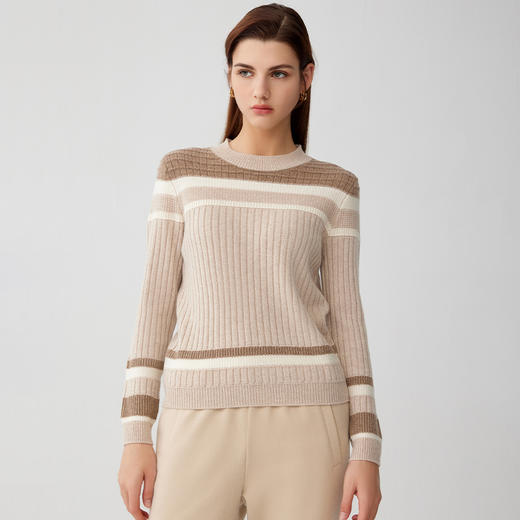 【条纹撞色羊绒套衫】羊绒世家秋冬新品女士100%山羊绒抽条弹力修身内搭保暖毛衣 商品图1