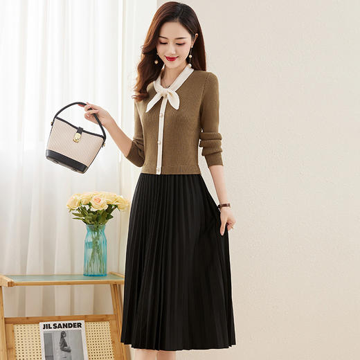 HR-WM21719冬上新气质时尚蝴蝶结领口拼接撞色假两件修身显瘦连衣裙 商品图2