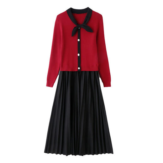 HR-WM21719冬上新气质时尚蝴蝶结领口拼接撞色假两件修身显瘦连衣裙 商品图4