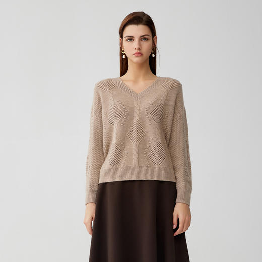 【V领立体绞花羊绒衫】羊绒世家秋冬新品女士100%山羊绒内搭保暖针织毛衣 商品图0