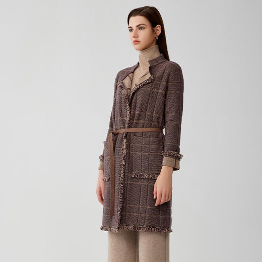 【中长款毛边针织外套】羊绒世家秋冬新品女士100%山羊绒针织衫腰带收腰显瘦外套 商品图1