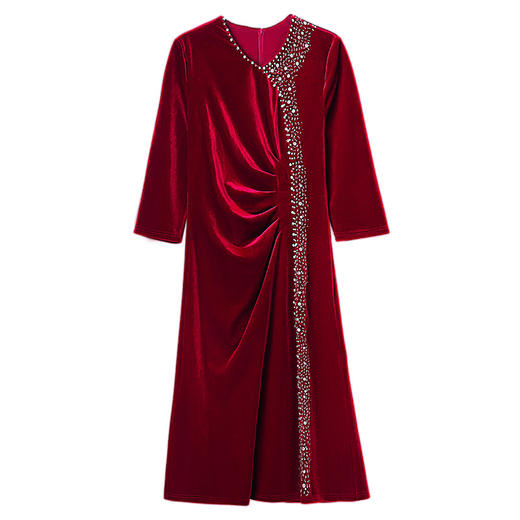 DD-秋冬洋气V领拼接褶皱金丝绒连衣裙女 商品图4