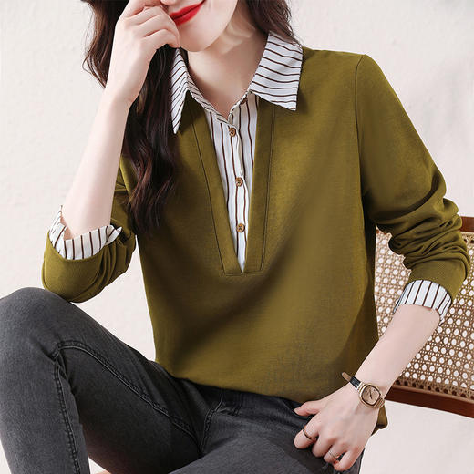 翻领假两件上衣衬衫，棉T休闲显瘦加绒小衫KQL-A77N8277 商品图1