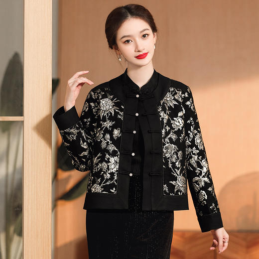 缠枝花纹提花外套，女改良唐装圆领长袖宽松外套女秋冬国风女装AYK-008 商品图0