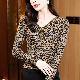 百搭大码V领豹纹钉珠长袖打底衫t恤K-E37M2738