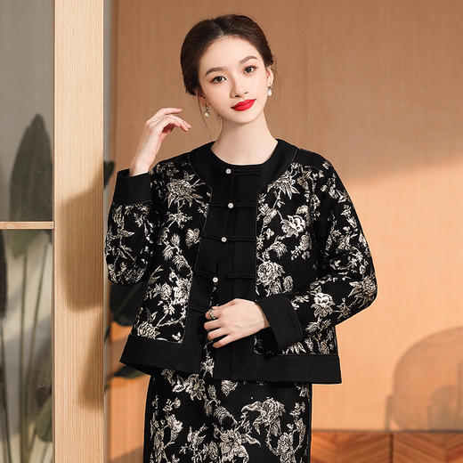 缠枝花纹提花外套，女改良唐装圆领长袖宽松外套女秋冬国风女装AYK-008 商品图1