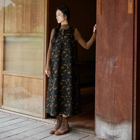 绽放879朵/咖色花朵枝丫提花优雅文艺连衣裙加厚羊毛棉无袖背心裙