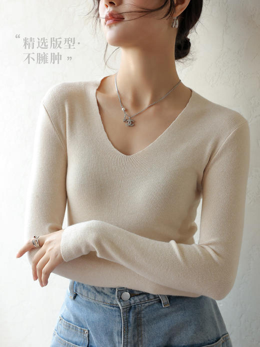 秋冬季新款【针织V领打底衫】 不规则V领辣妹针织衫  西装内搭上衣  修身长袖t恤   商品图1