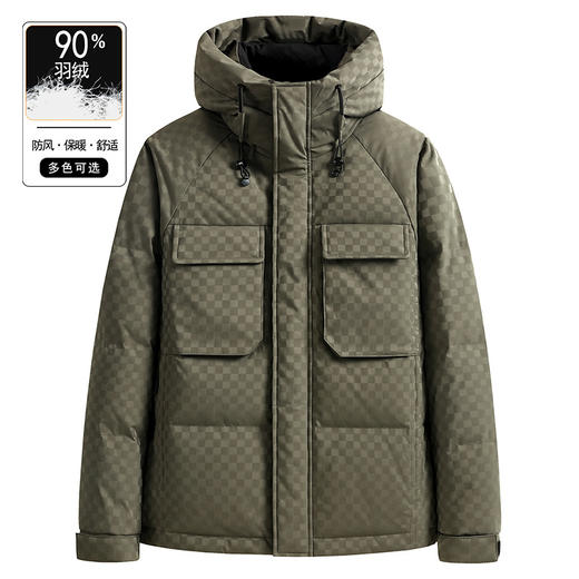 红览轻奢高品男士冬连帽羽绒服加厚保暖工装户外运动格子90白鸭绒外套AL CZLT22873 商品图0