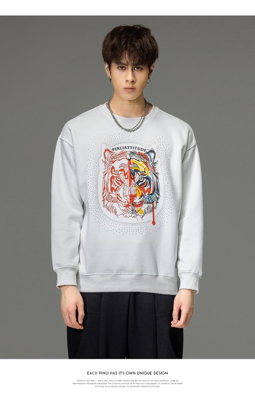 PINLI品立秋季新品烫钻圆领卫衣男士潮牌老虎头宽松长袖上衣BV233109029 商品图1