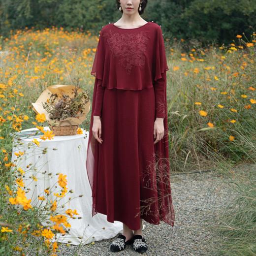 【林栖设计小店】绵羊毛混纺连衣裙绣花真丝披肩2023秋冬新品复古长裙女1934123 商品图4