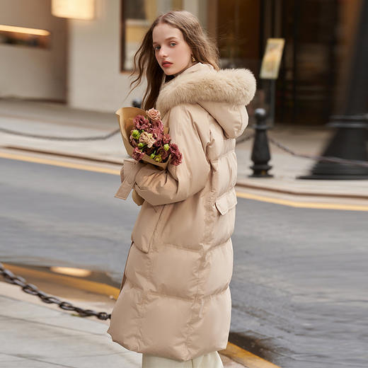 毛领连帽落肩宽松长款羽绒服女秋冬新款简约加绒保暖外套V2538497 商品图3